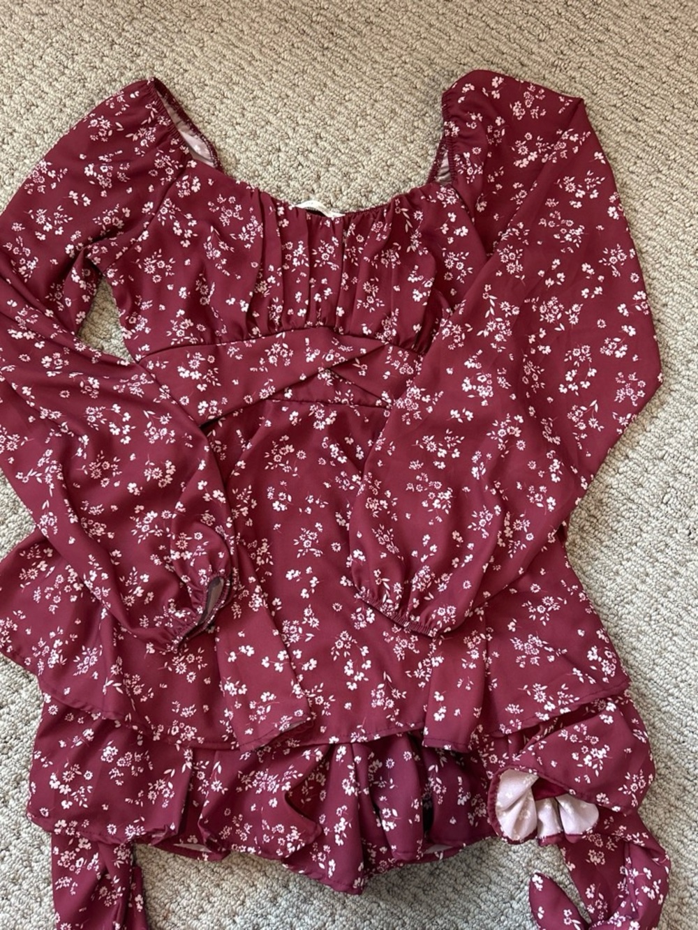 Altar'd State Burgundy Floral Long-Sleeve Peplum Romper